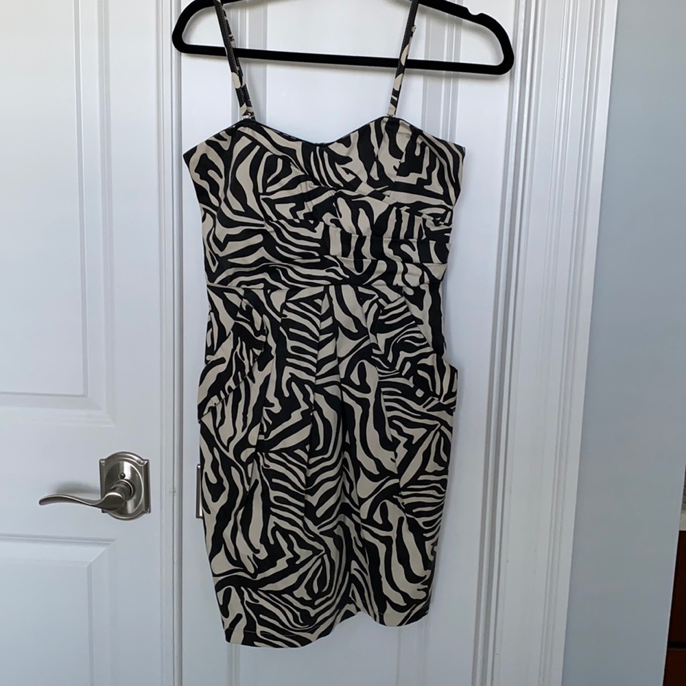 Zebra print mini dress, with pockets, convertible to strapless. Size S